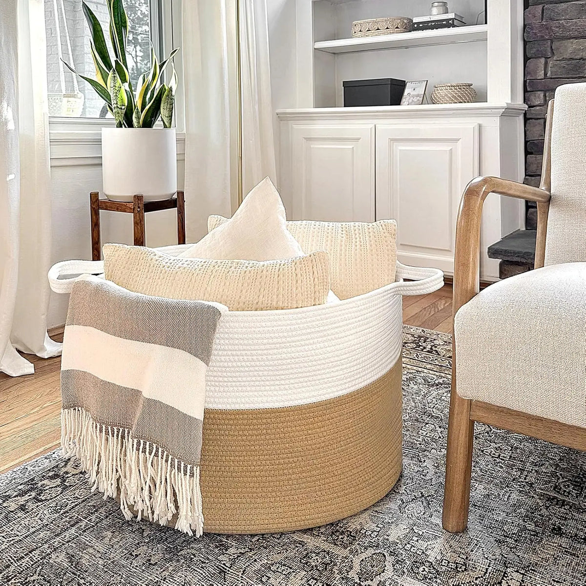 XXXLarge Jute Rope Basket 21.7" x 21.7" x 13.8" Woven Baby Laundry Basket for Blankets Toys