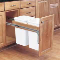Double Pullout Trash Can for Base Kitchen/Bathroom Cabinets, 27 Qt Wood Top Mount Garbage Bin, 12" x 1.5" Face-Frame