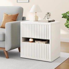Fluted Nightstand with 2 Drawers, Large Wide Wood Night Stand Bedside Tables for Bedroom, Mid-Century Modern Storage Bed Side T