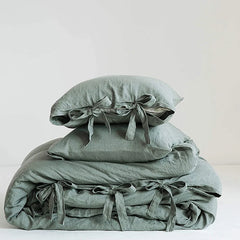 Simple&Opulence 100% Linen 3Pcs Bedding Set  Natural Flax Breathable King Size with Coconut Button Comforter Duvet Cover Set