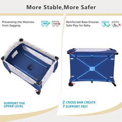 Minikid Baby Playard with Bassinet,Unisex Playpen Include Music Box and Hanging Toys,Portable Crib for Newborn to Toddlers,Blue