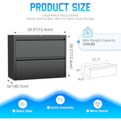 2 Drawer Filing Cabinet, Black Lateral File Cabinet with Lock, Office File Cabinets for Legal/Letter/A4/F4 Size with Hanging F