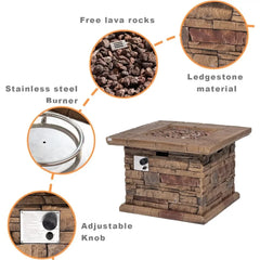 Outdoor Propane Fire Pit Table w Faux Ledgestone 32-inch Square Fire Table, 50,000 BTU Stainless Steel Burner, Free Lava Rocks
