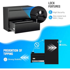 2 Drawer Filing Cabinet, Black Lateral File Cabinet with Lock, Office File Cabinets for Legal/Letter/A4/F4 Size with Hanging F