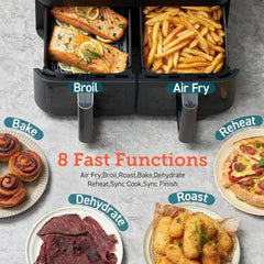 Double basket air fryer 9 quarts, large and wide double air fryer, 8-in-1, simultaneously cooking and completing home meals