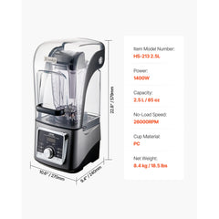 Succebuy 1400W Blender for Smoothies Multi-Functional Food Processing Blender&Noise Cover for Kitchen