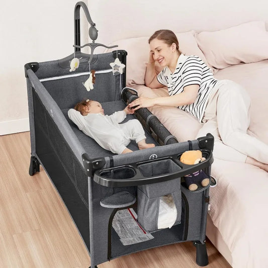 5 in 1 Baby Bassinet, Bedside Crib & Playpen Easy Folding Portable Crib with Mobile, Sheet & Mattress (Grey)