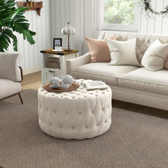 Beige Button-Tufted Ottoman Footstool – Velvet-Feel Upholstery, Elegant Round Design