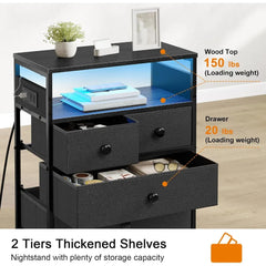 Nightstand with Charging Station, Bedside Table with 4 Drawers and 2-Tier Shelf, Modern End Table with Wooden Top for Bedroom,