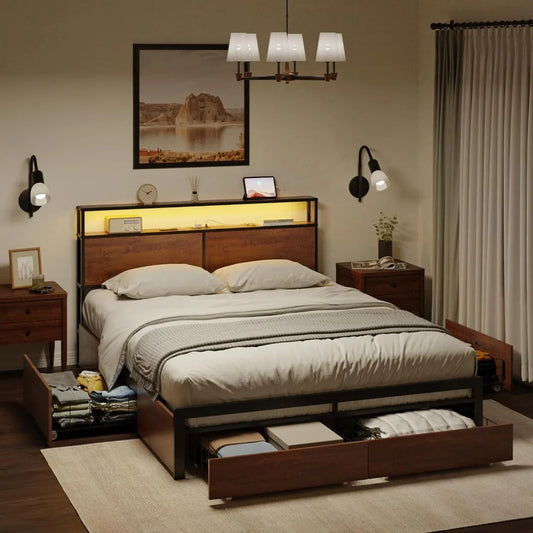 Queen Bed Frame with Storage Headboard and 4 Drawers Bed Frame Queen Size with Charging Station LED Lights Metal