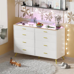Dresser with LED Lights for Bedroom,8 Drawer Dressers with Tempered Glass Top,Chests of Drawers with 2 Grid Drawer,Living Room