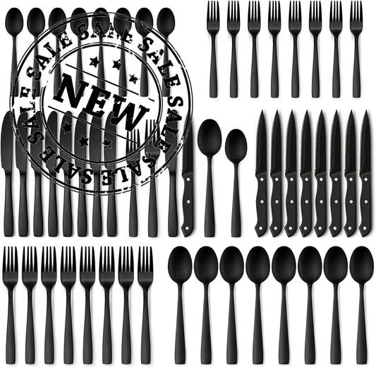 48-Piece Matte Black Silverware Set with Steak Knives, Black Flatware Set for 8, Stainless Steel Tableware Cutlery Set