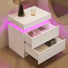 Night Stand Set of 2, Modern White Nightstand with with Charging Station, Bedside Tables with LED Light and Drawers, End Table