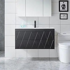 36" Bathroom Vanities Cabinet with Sink Combo, Wall Mounted Floating Cabinet W/Decor Line, Soft-Close System, 2 Extra Big Drawe