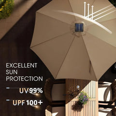 11FT Solar LED Patio Umbrella with Base Outdoor Market Umbrella Adjustable Crank Tilt System Waterproof UV Resistant 32 Lights