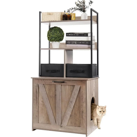 Litter Box Enclosure with 2 Storage Shelves and 2 Drawers, 2-in-1 Hidden Cat Litter Box Enclosure Furniture with Shelf