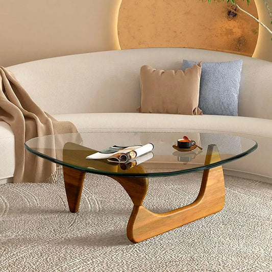 Mid-Century Modern Triangle Glass Coffee Table with Wooden Base – Walnut Transparent