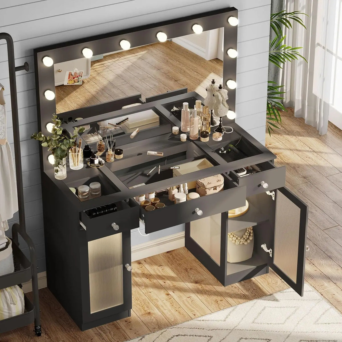 Vanity Makeup Desk with Mirror and Lights, Glass Top Vanity with 3 Color Lighting Modes & Power Outlet, Dressers for Bedroom
