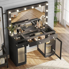 Vanity Makeup Desk with Mirror and Lights, Glass Top Vanity with 3 Color Lighting Modes & Power Outlet, Dressers for Bedroom