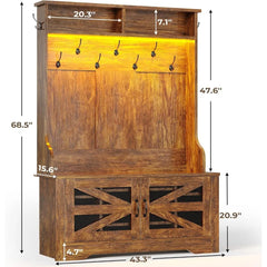 Hall Tree with Bench and Shoe Storage, 5-in-1 Entryway Bench with Coat Rack, 10 Shoe Cubbies & 9 Coat Hooks, Barn Door & A