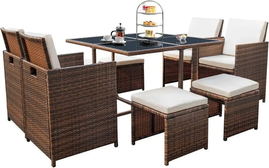 9 Pieces Patio Dining Sets Outdoor Space Saving Rattan Chairs with Glass Table Patio Furniture Sets Cushioned Seating (Beige)