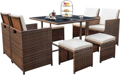 9 Pieces Patio Dining Sets Outdoor Space Saving Rattan Chairs with Glass Table Patio Furniture Sets Cushioned Seating (Beige)