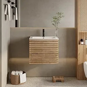 24" Floating Bathroom Vanity with Sink Combo Mid-Century Wall Mounted Cabinet with Wood Stripes Decor, Drawers, Undermount Sink