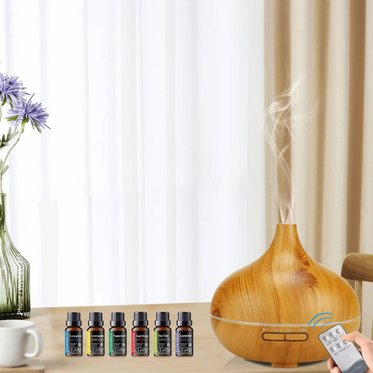 550ml Aroma Diffuser with Remote Control Wood Grain Timer, Cool Mist Humidifier for Large Room with 6 Oil Set