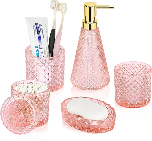 Pink Bathroom Accessories Set, 5Pcs Clear Glass Bathroom Set with Soap Dispenser, Soap Dish, Toothbrush Holder Set, Tumbler, Cot