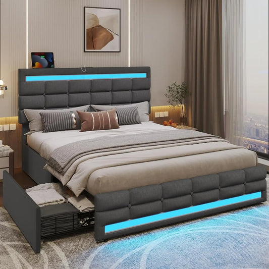 LED Bed Frame with 4 Drawers & USB Charging Station, Upholstered Platform Queen Size Bed with LED Headboard & Footboard