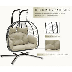 Double Wicker Swing Egg Chair Hammock Foldable Hanging Loveseat with Stand, UV Resistant Removable Cushions, 700LBS Capacity