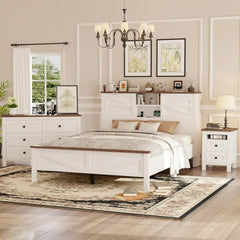 3-Pieces Bedroom Sets Queen Size Farmhouse Platform Bed，Double Sliding Door Storage Headboard,Storage Nightstand and Dresser