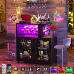 Wine Bar Cabinet with Wheels, Small Liquor Cabinet with LED Light, Coffee Bar with Wine Rack, Home Bar Cart with Power Outlets
