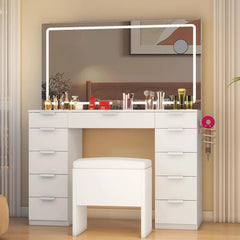 Vanity Desk Set with Adjustable LED Lighted Mirror & Power Outlet, Glass Top Makeup Vanity