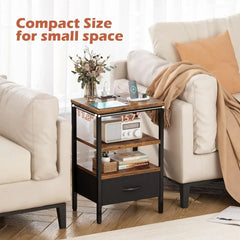 Nightstand Set of 2, Bed Side Tables with Charging Station, Adjustable Fabric Drawer, Night Stand for Bedroom