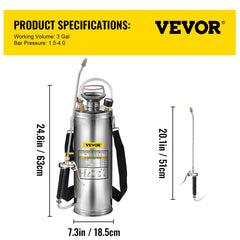VEVOR 2Gal Stainless Steel Sprayer Hand Pump Sprayer with Pressure Gauge&Safety Valve Adjustable Nozzle for Gardening Sanitizing