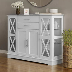 Sideboard Buffet, 47 Inch Storage Console Table Coffee Bar Kitchen Cupboard Pantry Glass Display Cabinet for Lving Entryway
