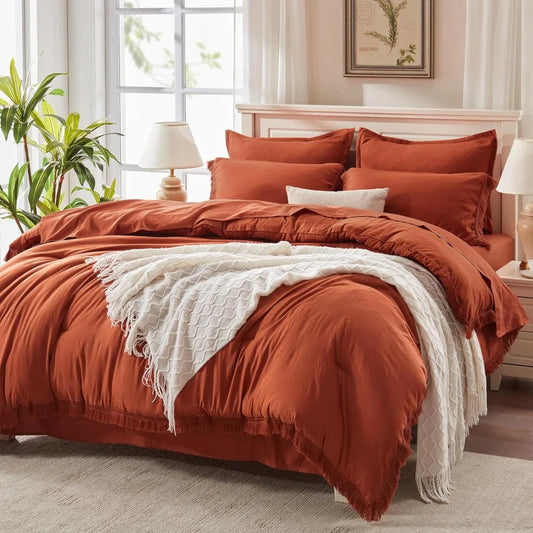 King Size Comforter Set with Sheets Burnt Orange - 7 Pieces Bed in a Bag Boho Soft Lightweight Bedding Sets, Duvet Cover Sets