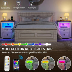 Nightstand with Charging Station, 2 Drawers Night Stand for Bedroom, LED End Table Side Table w/Open Shelf, Off White+ Grain