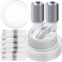 350PCS Clear Plastic Plates with Gold Trim for 50 Guests, Disposable Dinnerware Set for Party & Wedding, Includes 100 Plastic