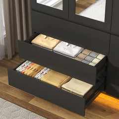 3 Doors Armoire Wardrobe Closet with 3 Drawers & Mirror, Modern Wooden Bedroom Armoires with Hanging Rod Led Lights for Bedroom,