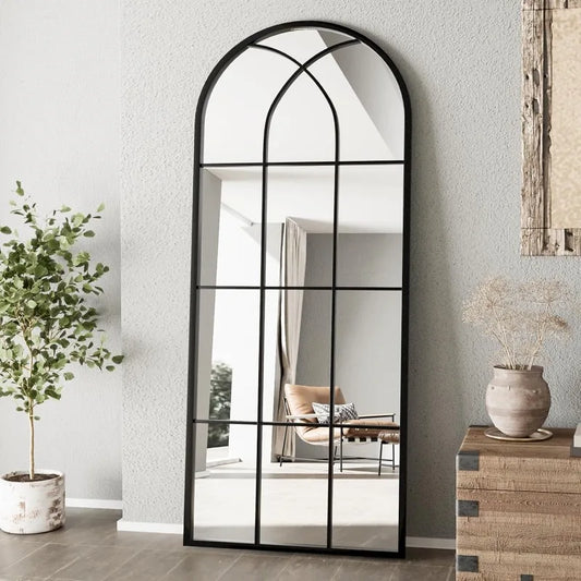 Mirror Full Length, 71"x32" Large Arched Mirror, Window Pane Wall Black Body Oversize Farmhouse Standing Hanging or Leaning