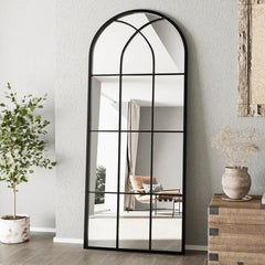 Mirror Full Length, 71"x32" Large Arched Mirror, Window Pane Wall Black Body Oversize Farmhouse Standing Hanging or Leaning