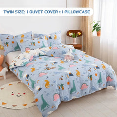 Kids Duvet Cover Set Full Size, Cotton Cartoon Car Truck Bedding Set for Boys Girls, 3 Pieces Soft Breathable White Yellow Plaid