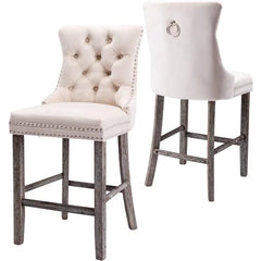 Counter Height Bar Chairs Set of 2, 27" Modern Velvet Bar Stools with Button Decor, Nailhead Trim, Solid Wooden Legs, Beige