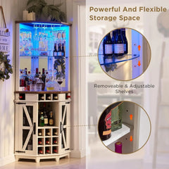 Corner Bar Storage Cabinet, Barn Door & Adjustable Shelf, Home Bar Cabinet w/LED Light & Glass Rack, 72" Tall Wine Bar Cabinet