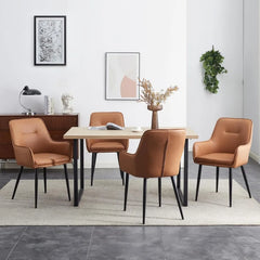 Set of 4 Modern Upholstered Dining Chairs – Brown Faux Leather Accent Chairs with Armrests & Metal Legs