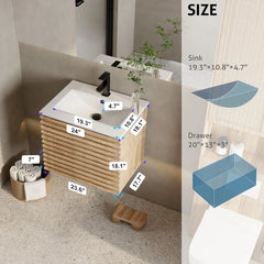 24" Floating Bathroom Vanity with Sink Combo Mid-Century Wall Mounted Cabinet with Wood Stripes Decor, Drawers, Undermount Sink