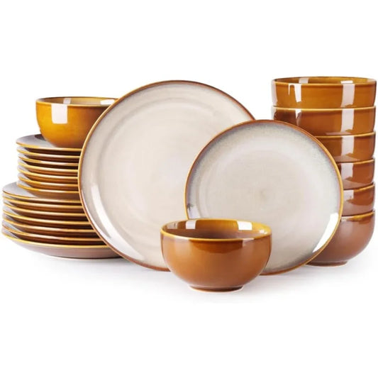 Ceramic Dinnerware ,Stoneware Plates and Bowls Sets,Handmade Reactive Glaze Dishes Set,Chip Resistant and Scratch (24PCS)