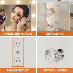 Vanity Makeup Desk with Mirror and Lights, Glass Top Vanity with 3 Color Lighting Modes & Power Outlet, Dressers for Bedroom